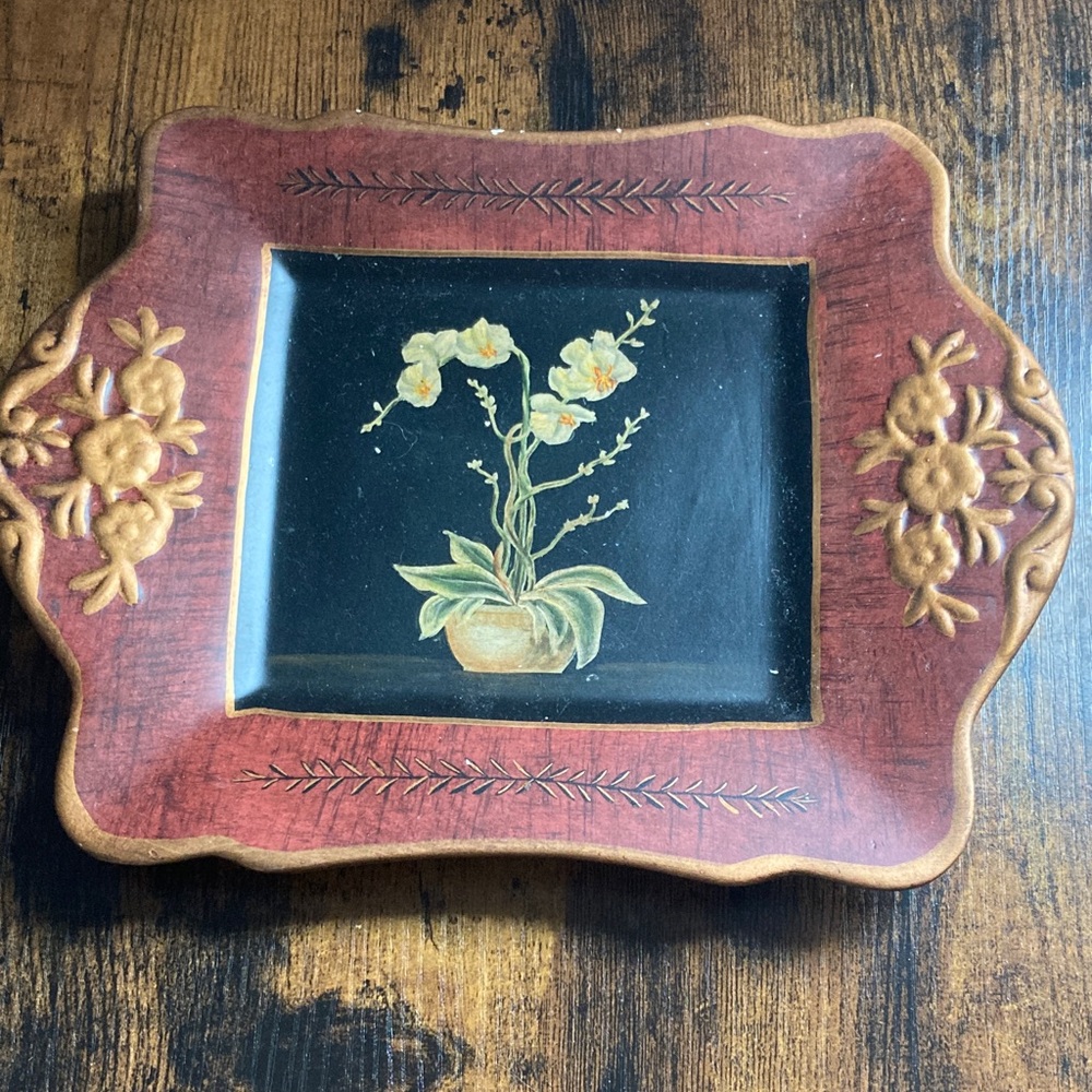 Vintage Pottery Still Life Hand Painted Orchid Tray Decor 10x8